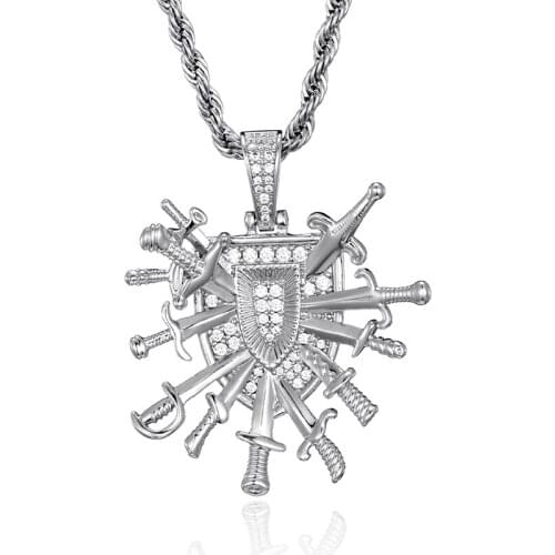 Shield With Daggers Pendant In White Gold Soild Back Pendant Iced Out Cubic Zircon Stones Men Hip Hop Rock Jewelry