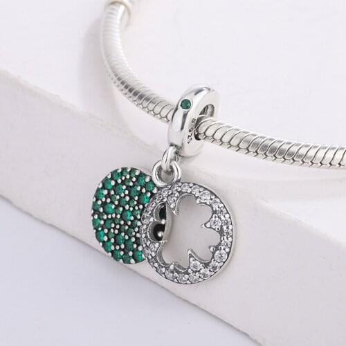 2021 New 925 Silver Sparkle Collection Pendant Green Disc Double Dangle Charm Bracelet For Bracelet Necklace Women Jewelry Diy
