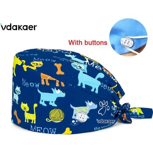 Wholesale cotton printing hats adjustable scrub hat beauty salon working hat laboratory pet shop scrubs caps Dust Proof Caps