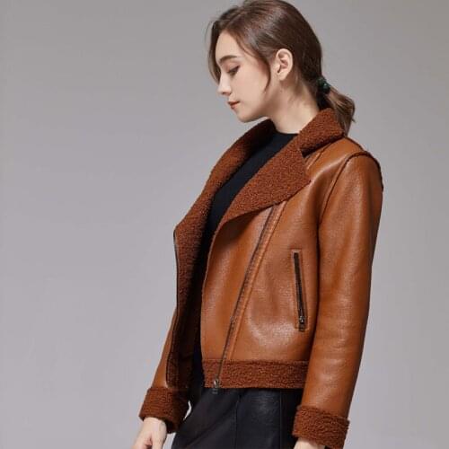 Autumn Winter Turn-down Collar Leather Jacket Women Casual Coat England Style Clothes Ladies Zip Up Warming Outerwear