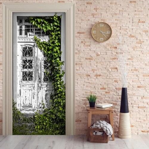 PVC Self adhesive Door Stickers Vintage Mottled Door Green Leaves Mural Living Room Bedroom Home Door Decor Creative 3D Decal