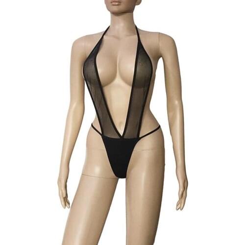 Sexy Lingerie Sheer Mesh Stretchy Snap Crotch Halter Plunge V Neck Teddy Peek-a-Boo One Piece Romper Monokini Bodysuit