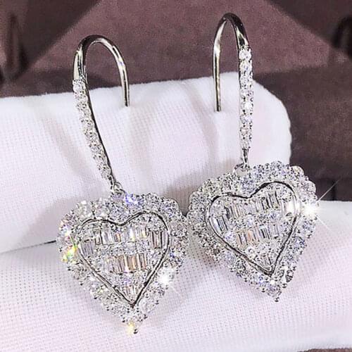 HUAMI 1Pair Super Shine Stud Earrings Heart Jewelry Accessorie Zircon White Gold Color Style Fashion Hook Earrings for Women