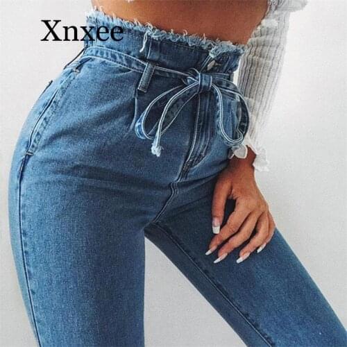 Blue pants long Vintage Jeans Women High Waist Stretch Denim Pants Female Tassel Autumn Ankle-Length Slim Trouser Zipper Pants