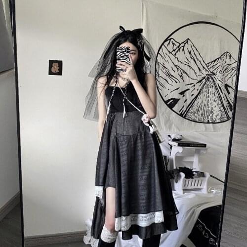 Korobov Harajuku Dark Black Women Dress 2021 New Fashion Summer Female Dresses Korean Streetwear Mesh Vestidos Mujer