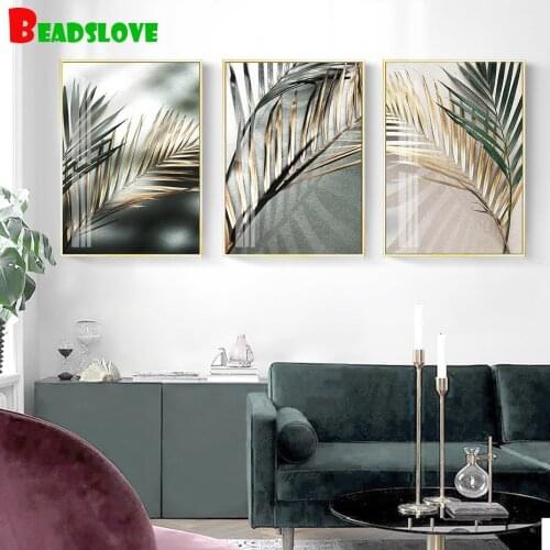 Tropical Green Palm Leaves 5D Diy Diamond Embroidery 3 Piece,Triptych Diamond Painting Full Square Round Drill Still Life Decor