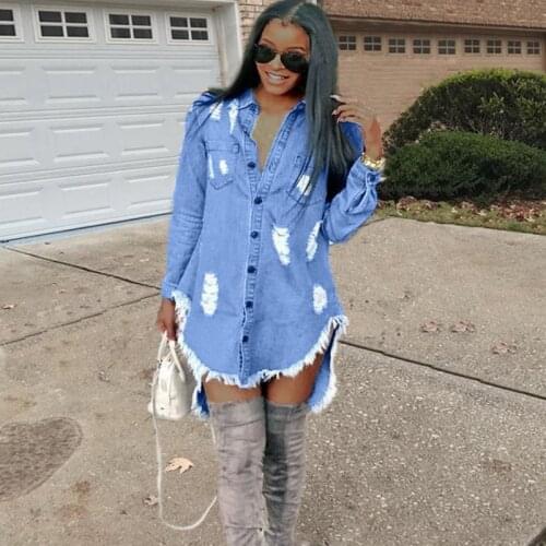 Ripped Hole Tassel Denim Blouse Dress Women Single Breated Irregular Blue Short Dress 2020 Autumn Fashion New Pockets Streetwear