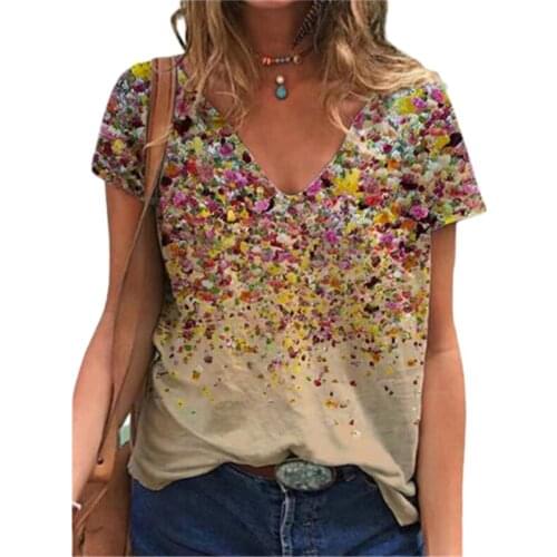 Women Clothing 2021 New Summer Oversized Tops 5xl Casual Short Sleeve V-neck Loose Floral Print T Shirt Plus Size Ladies Tee Top