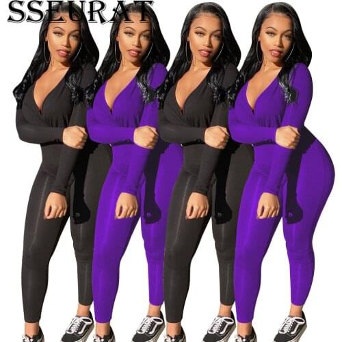 SSEURAT Sexy V Neck Bodycon Jumpsuit Solid Long Sleeve Women Fall Elegant Clubwear Rompers