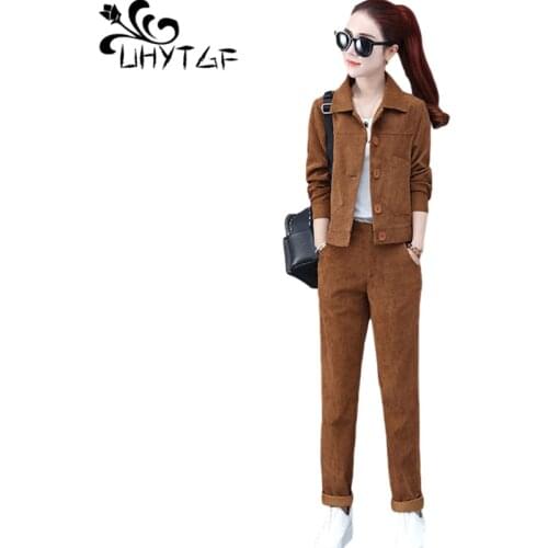 UHYTGF Corduroy Autumn Two-Piece Set Women Single-Breasted Short Top+Pants Female Suit Casual Loose 3XL Plus Size Tracksuit 1999