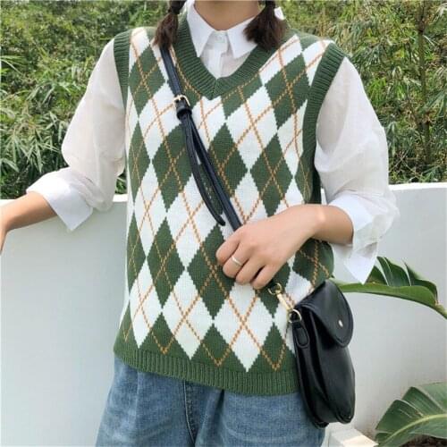 England Style Vintage Knit Vest Women Knitted Argyle Sweater Vest Sleeveless Plaid Waistcoat Autumn Winter halecos Para Mujer
