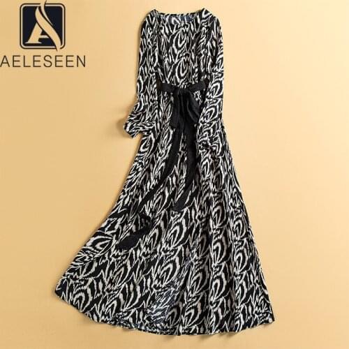 AELESEEN 2021 Autumn Winter Womens Maxi Dress Vintage Retro Flower Print With Belt XXL Elegant Party Holiday Dress