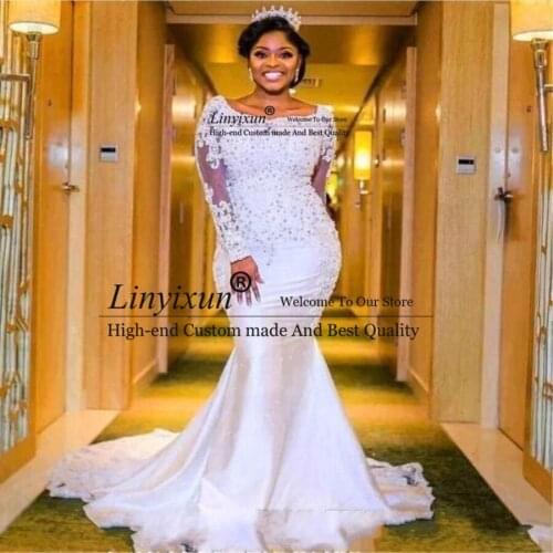 Mermaid Wedding Dress 2021 New Square Collar Beaded Lace Appliqued Long Sleeves Sweep Train African Wedding Gowns Church Dresses