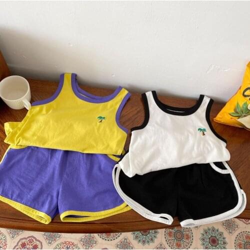 2021 new cotton girls boys 2 pcs set summer cotton vest +shorts cool soft kids suit