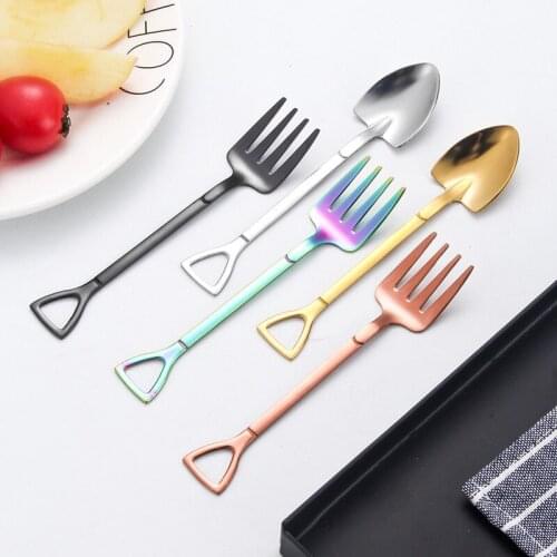 4Pcs Stainless Steel Iron Shovel Spoon Coffee Ice Cream Spoon Fork Engineering Shovel Retro Cute Spoon Kitchen Gadget Cutlery
