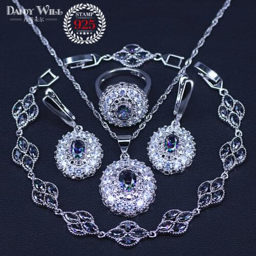 Promotion Bridal Silver Color Jewelry Sets Women Wedding Jewelry With Rainbow Zirconia Earrings Necklace Ring Bracelet