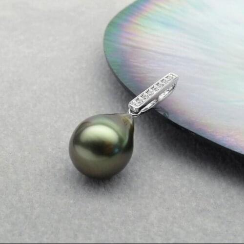 Free Shipping Luminous 11*13.8mm Genuine Tahitian Green Pearl Pendant 925 Sterling Silver #0209