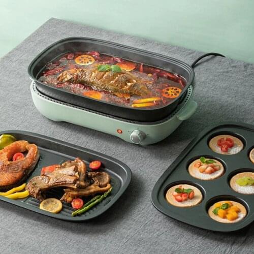 Household Three in one Electric Grill Barbecue Pot Smokeless Baking Pan Barbecue Hot Pot Machine Teppanyaki Dish Grilled Pan