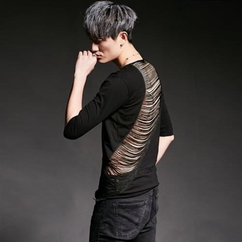 Men back ripped hollow out sexy hip hop punk rock t shirt DJ singer stage costume men harajuku nightclub slim tee shirts tops