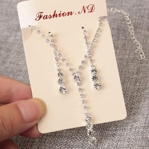 Hot Fashion Europe And America Simple Dride Crystal Necklace Earrings Rhinestone Necklace Ear Pin Set 2 Piece Wedding Jewelry