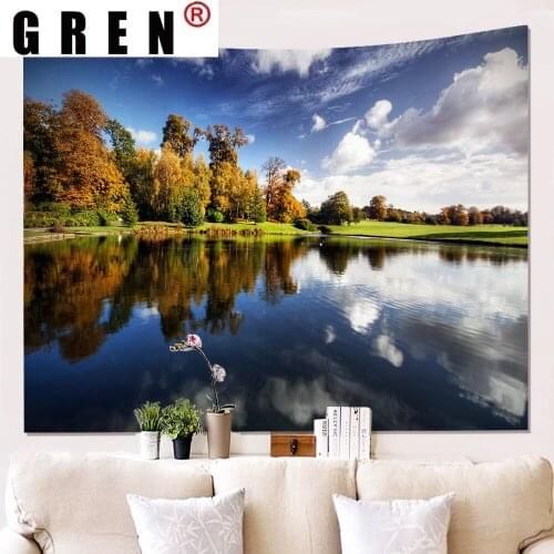 GREN Lake Forest Natural Landscape Tapestry Hanging Covering Rugs Background Cloth Beach Mat Blanket Art Bedroom Living home