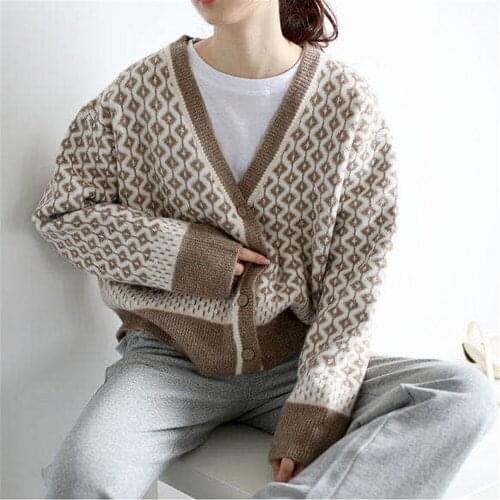 2020 Stylish Womens Button Sweater Casual Long Sleeve V Neck Geometric Print Loose Knit Cardigan Coat Fall Winter Knit Sweaters