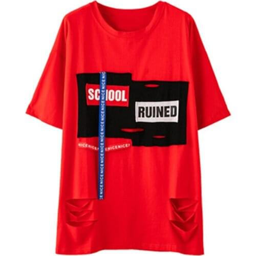 Summer Tops Loose HOLE Short Sleeve Korean Style Tshirt Long Woman T Shirt Women Cotton 2021 Fashion Tee Shirt Femme Pink