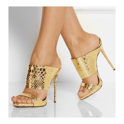 Linamong Summer Rose Gold Sliver Patent Leather Platform Sandals Woman Slim Snake Pattern Slip On High Heels Slippers Shoes