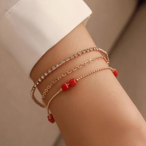 Trendy Personality Jewelry Multilayer Extension Chain Red Bead With Rhinestone Gold Color Bracelets For Women Gift
