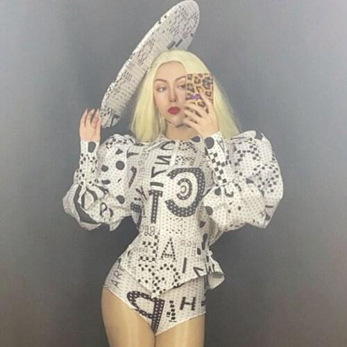 Fashion Letter Bubble Sleeve Top Shorts Hat Headdress Stage Performance Clothing Female Festival Outfit Rave Wear DT2292