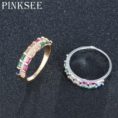 Pinksee 2020 New Trendy Colorful Rhinestone Ring Women Girls Charm Crystal Rainbow Engagement Wedding Rings Party Jewelry