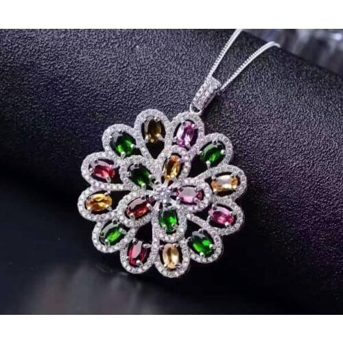 Natural Multicolor tourmaline Hydrangea round Pendant natural gemstone pendant necklace S925 silver women girl party jewelery