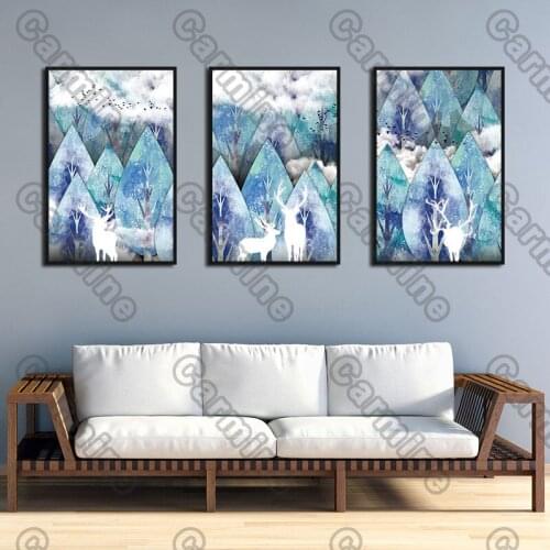 Poster Blue Bush White Deer Clouds Landscape Canvas Painting and Prints Wall Art Pictures Decoration for Living Room 3Pcs