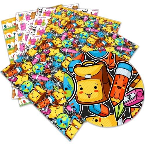 School Season Cartoon Prined Faux Leather Fabric Sheets Diy Accessories Making 30X136cm