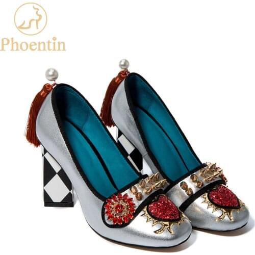 Phoentin tassel womens shoes from genuine leather rivet woman heels 5.5cm & 8cm 2020 crystal flower slip on pumps ladies FT621