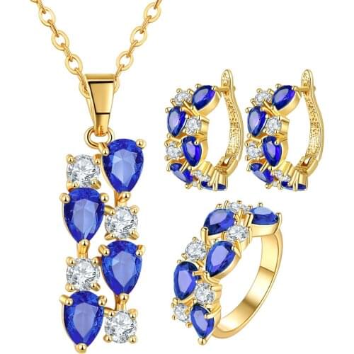 Vintage Elegant Mona Lisa Gold Necklace Ring Sets Sapphire Blue Zircon Buckle Earrings Sets For Bridal Wedding Women Jewelry Set