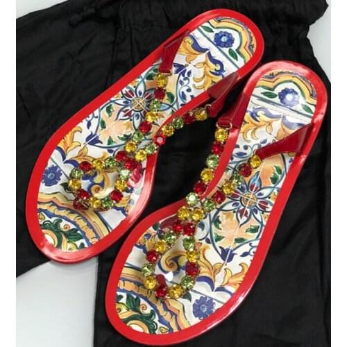 Carpaton Woman Crystal Embellisehd Flat Slippers Sexy Flower Printed Beach Wearing Slides Bohemia Style Summer Shoes