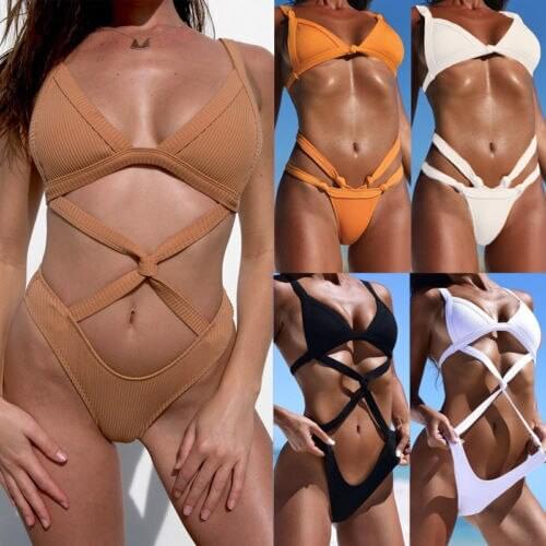 Women Hot Bandage One-piece Swimsuit Ladies Solid Strap Bikini Set Push up Padded Swimwear Swimsuits Beach Bathing suit Clothing