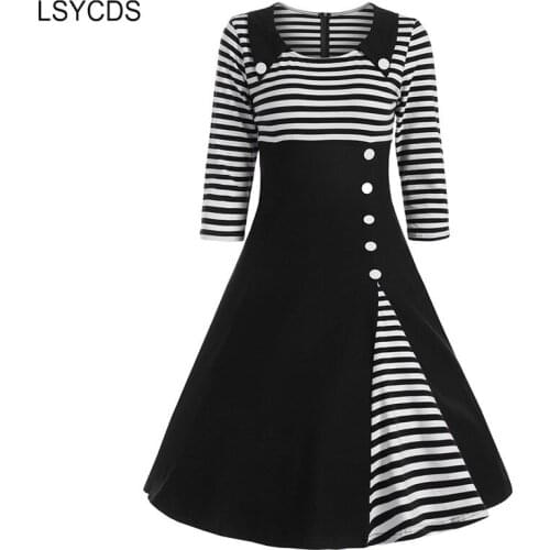 LSYCDS Vintage Black Striped Dress Cotton Three Quarter Sleeve O-Neck Empire Button A-line Party Dresses Women Clothing