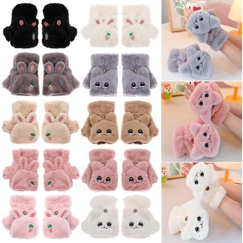 10 Colors Sweet Cartoon Winter Warm Soft Rabbit Fur Mittens Girls Cute Cat Plush Thick Gloves Women Flip Top Half Finger Gloves