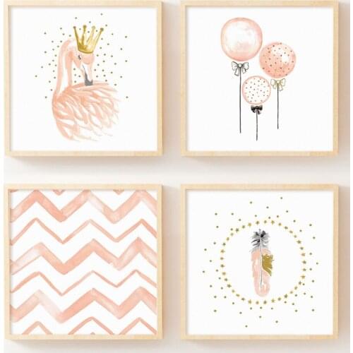 2018 Watercolor Cute Pink Feather Flamingo Poster Canvas Printing Nordic Painting Scandinavian Decor Gilrs Room Decorations