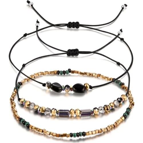 3PC Japanese Handwoven Black Rope Chain Bracelet Gold Natural Stone Beads Bracelets Bangles Weaving Crystal Women Jewelry
