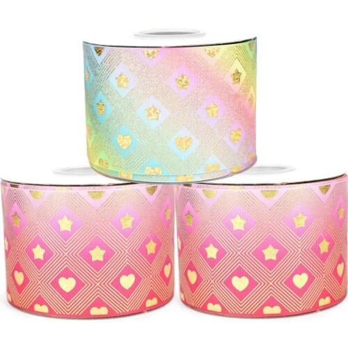 50yards 75mm Hologram Gold Foil Hearts Star Grosgrain Ribbon For DIY Accessories Welcome Custom Printed