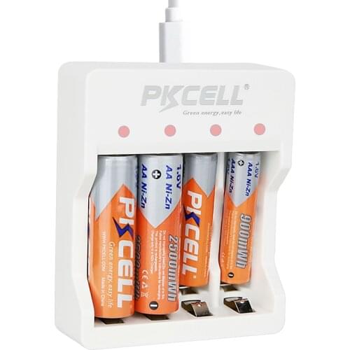 PKCELL 4PCS AAA 900mwh and AA 2500mwh 1.6v NIZN rechargeable batteries and NI-ZN battery charger for AAA/AAA battery EU/US plug