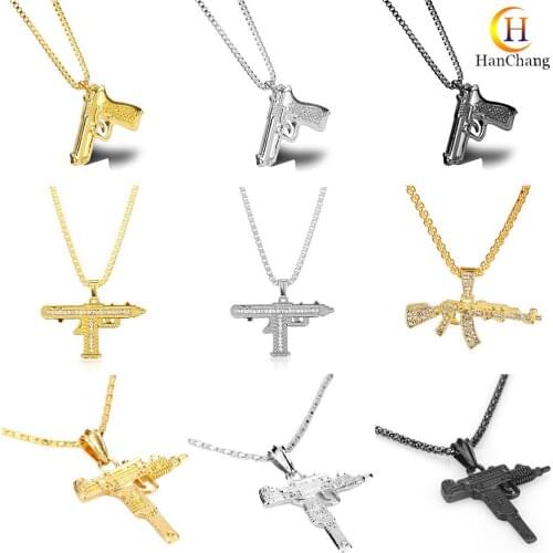 Pistol UZI AK47 Revolver Gun Shape Pendant Necklace Hip Hop Jewelry Metal Army Style Vintage Mens Chain Car Keychain Gothic