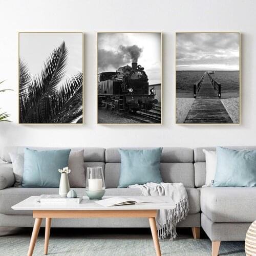 Black and White Scenery Bridge Leaf Train Hanging Picture Poster Canvas Print Painting Wall Art Living Room Home Decoration