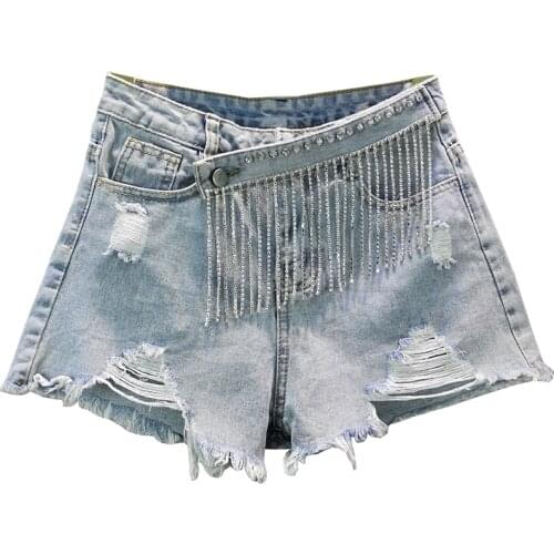 2021 New High Quality Hole Denim Shorts Women Summer Sexy High Waist Rhinestone Tassel Wide Leg Female Loose Jean Shorts G922