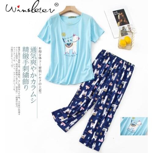 Cute Pajamas for Women Alpaca Printed Knitted Cotton Sleepwear 2 Pcs Set Plus Size Short Sleeve Lounge Thin Summer T13811A