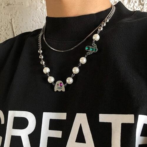HUANZHI 2021 New Individuality Ghost Cactus Punk Metal Chain Rhinestone Pearl Necklace for Women Men Couple Jewellery