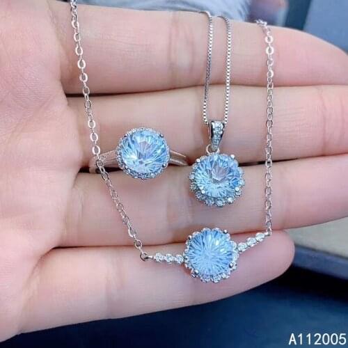 KJJEAXCMY Fine Jewelry 925 sterling silver inlaid natural blue topaz female ring pendant bracelet set luxury supports test